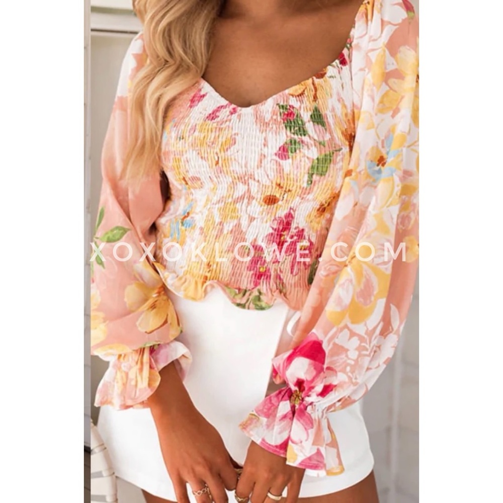 Pink & Yellow Floral Smocked Bubble Sleeve Blouse
